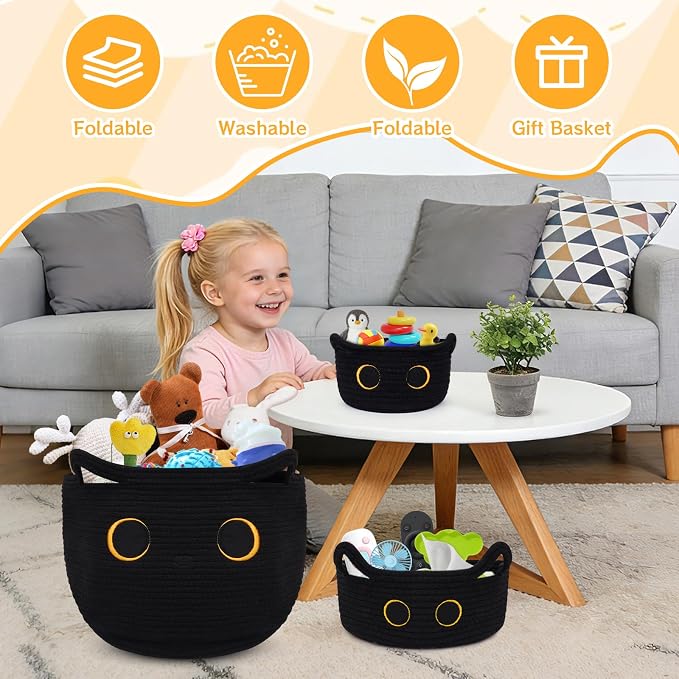 3Pack Black Cat Cute Storage Basket Set for Nursery- Small, Oval, Large Woven Gift Basket, Rope Cotton Bins with Lover Handles, Baby Laundry 0rganizer Shower Towel Blanket Clothes (9/12/15In) - Image 5