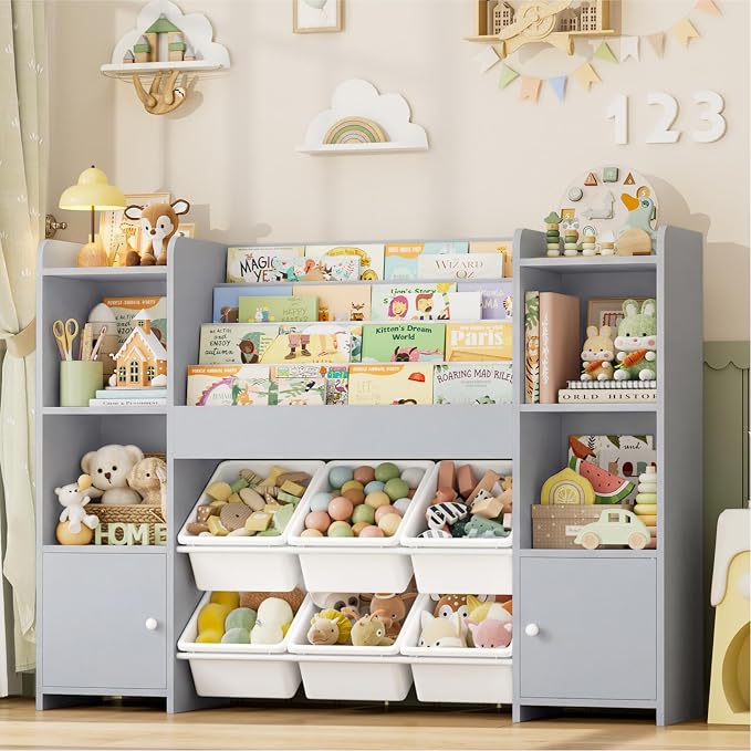 Toy Storage Organizer with 6 Toy Bins & 4 Tier Kids Bookshelf | Toy Organizer with 6 Cubbies, Kids Toy Organizers and Toy Storage with Bins, Playroom Storage and Toy Chest, Grey by finetones