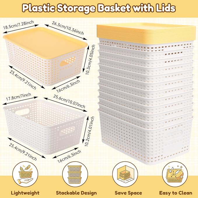 12 Pack Plastic Storage Baskets with Lids Stackable Organizing Bins Storage Baskets Organizers and Containers for Closet, Pantry, Office, 10.2 x 7.2 x 4.1 Inches(Cream White) - Image 3