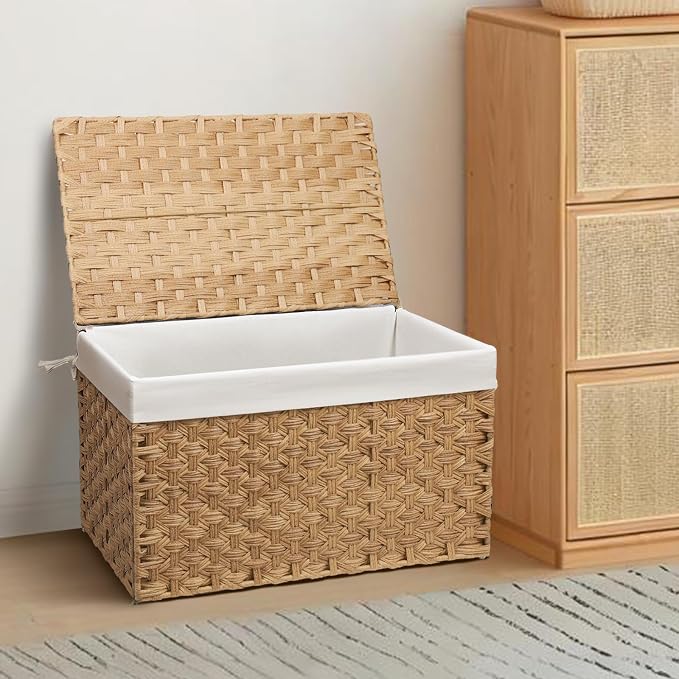 Wicker Storage Basket with Lid, 27.7 Gallon (105L) Large Blanket Basket with Lid, Woven Storage Bin with Handles, Removable Liner, Metal Frame, Foldable, for Bedroom, Laundry Room, Natural - Image 7