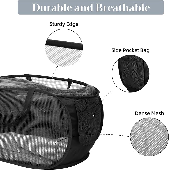 4 Pcs Durable Collapsible Laundry Baskets, Foldable Laundry Basket Large Opening, Pop Up Laundry Hamper with Pocket, Clothes Hamper with Handles for Laundry, Bathroom, Kids Room, Dorm or Trave - Image 4