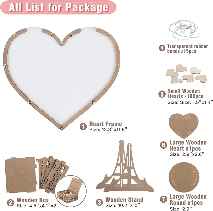 SELEAD Wedding Guest Book Alternative Drop Top Acrylic Sign Board, Heart | Rustic Wedding Reception Picture Frame with 80psc Wooden Hearts, Exquisite Box for Party Anniversary Birthday - Image 4