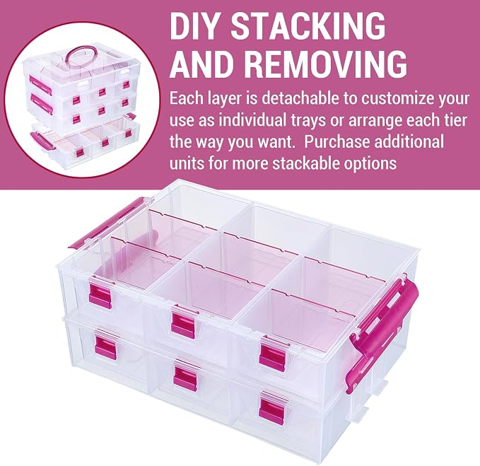 MyGift Stackable Single Tray Add-On for 11-Inch Clear Arts & Crafts Container, 9-Compartment Sewing Supplies Organizer with Removable Dividers for Craft Storage, Includes 3 Drawers - Image 2