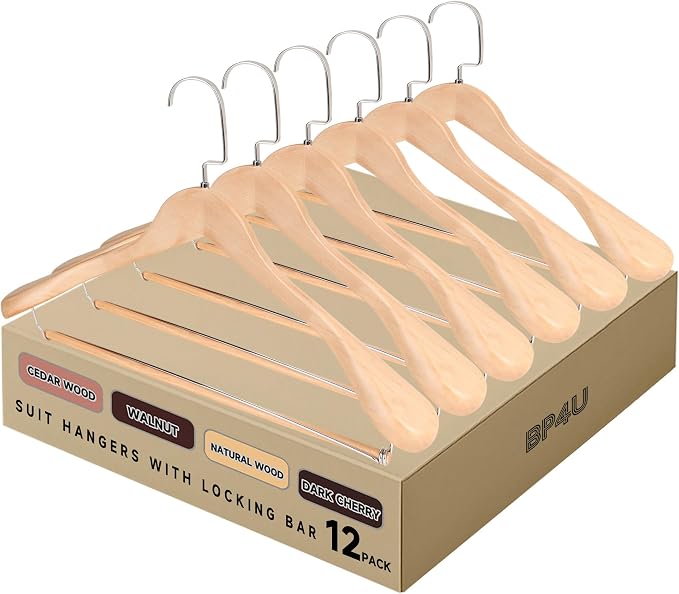 Wide Shoulder Wooden Hangers with Locking Bar, Natural Wood, 12-Pack | Non-Slip Suit Hangers with Flat-Head Hook for Suits, Jackets, Coats, Shirts, Outerwear and Heavy Clothes by BP4U%E2%84%A2