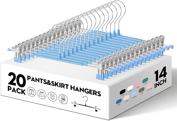 14 Inch Pants Hangers with Clips 20 Pack Skirt Hangers,Sky Blue | Non-Slip,Adjustable metal wide clips,Space-Saving,Heavy duty, for pants/skirt/dress/trousers/jeans/shorts/leggings,Women - Image 2