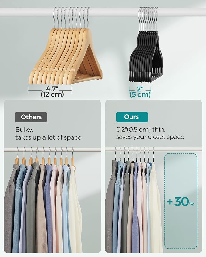 SONGMICS Plastic Clothes Hangers, Pack of 50, Non-Slip, Space-Saving | 0.2 Inches Thick, 17.7 Inches Wide, 360° Swivel Hook, Black, BREANNA Collection UCRP50B - Image 5
