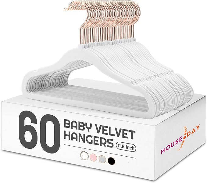 HOUSE DAY Velvet Baby Hangers for Closet, Kids Hangers Velvet 60 Pack | White Non Slip Toddler Hanger 11.8 Inch, Durable Childrens Hanger for Newborn Baby Clothes +360° Swivel Rose Gold Hook by HOUSEDAY