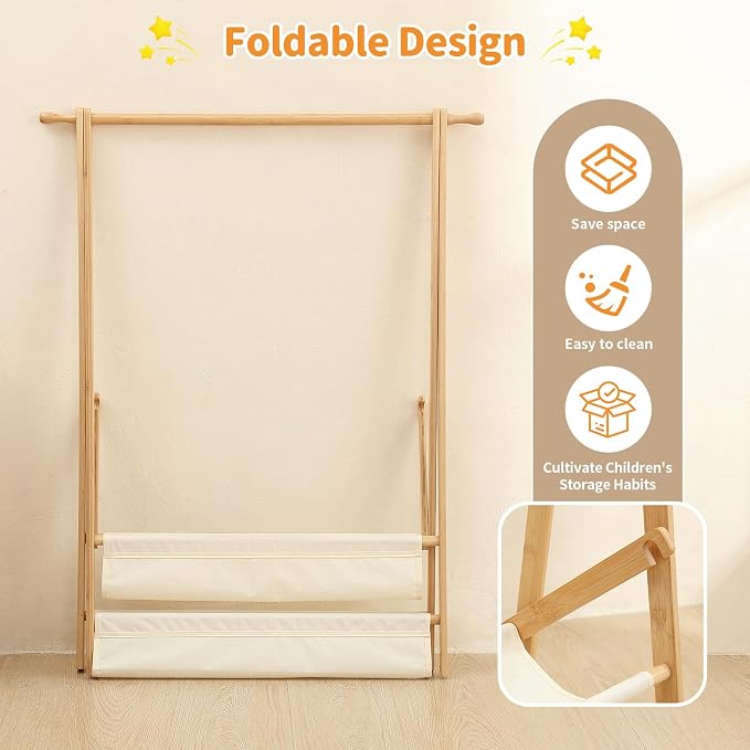 Foldable Kids Clothing Rack - Dress Up Storage with 2 Fabric Shelves, Bamboo Small Clothes Rack for Hanging Organizer, Kids Costume Wardrobe & Dress Up Rack for Bedroom, Playroom, Nursery (Natural) - Image 5