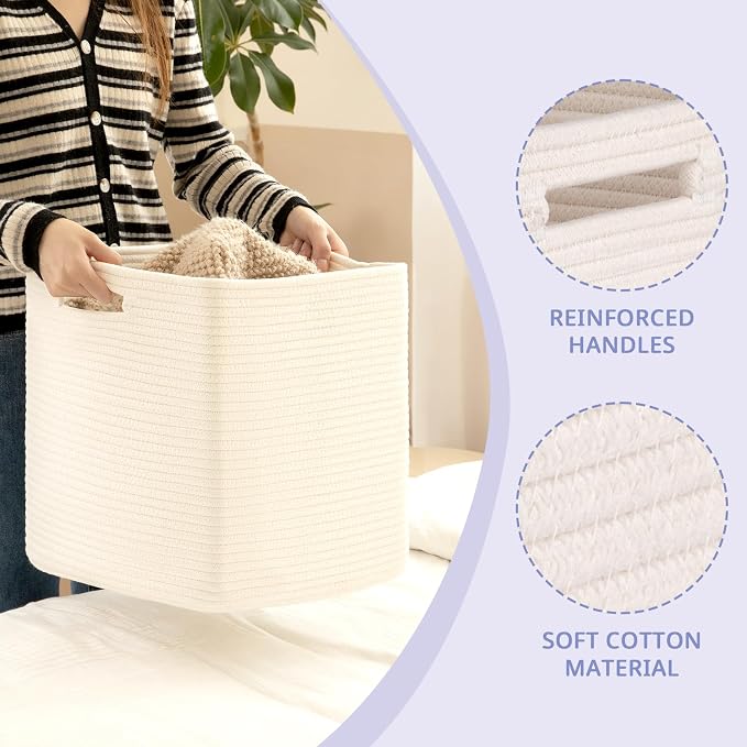 OIAHOMY 2 PACK Cube Storage Bin 13 Inch Collapsible Storage Cube White | Cube Storage Organizer Storage Bins for Shelves Baskets for Organizing Woven Rope Storage Baskets - Image 3