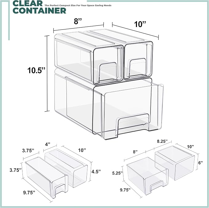 Sorbus Clear Stackable Storage Drawers (1 Large + 2 Small) | Plastic medicine-cabinet bins with handles and pull-out access for bathrooms, closets, pantries and baby bottles. - Image 3