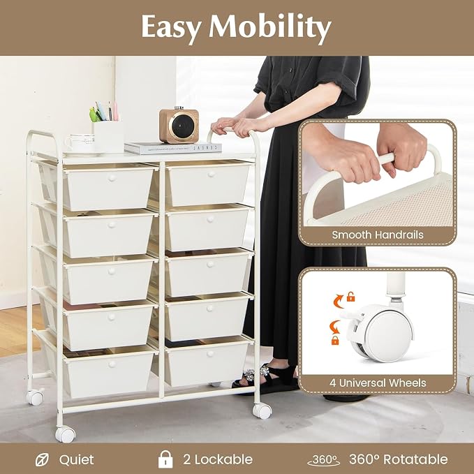 10 Drawer Rolling Cart, Storage Cart Organizer on Wheels, Drawer Cart with Metal Frame & Large Storage Capacity, Rolling Cart with Drawers for Living Room Classroom, Office - Image 4