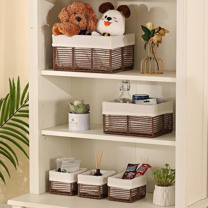 Wicker Storage Basket, Hand-Woven Paper Rope Woven Baskets, Rectangular Small Wicker Baskets for Organizing, Cube Storage Bins for Closet/Clothes/Dresser, Brown, 5-Pack - Image 4