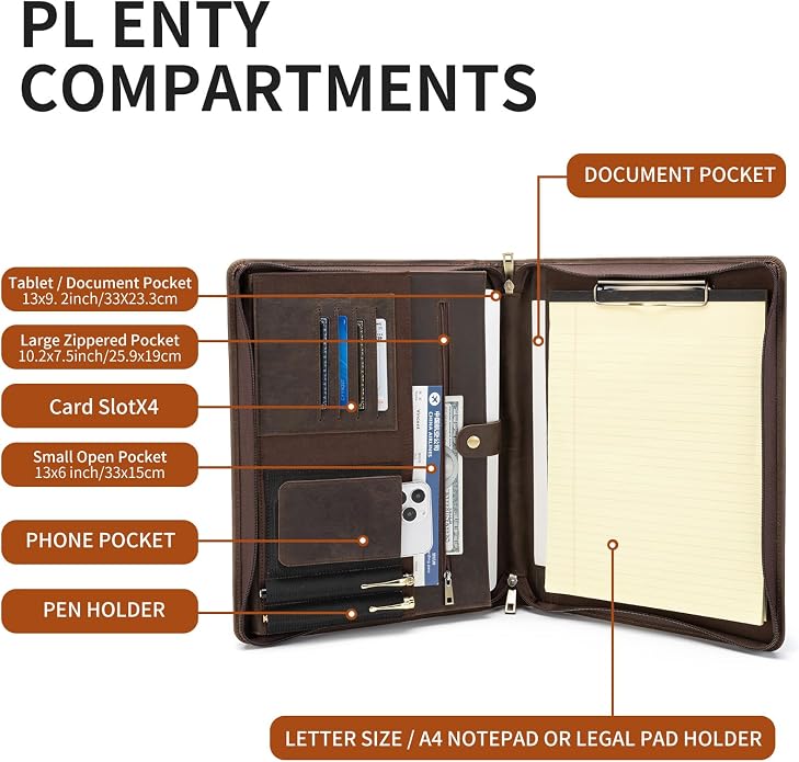 YIWEN Leather Portfolio with Handle, Zippered Front Pocket and Clip - Image 3