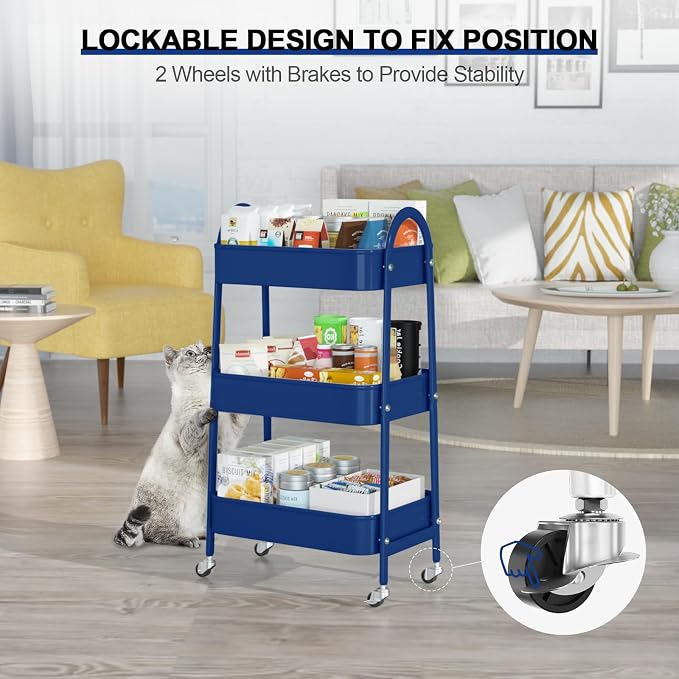 3 Tier Utility Rolling Cart, Metal Storage Cart with Handle and Lockable Wheels, Multifunctional Storage Organizer Trolley with Mesh Baskets for Kitchen, Living Room, Office, Garage (Indigo) - Image 5