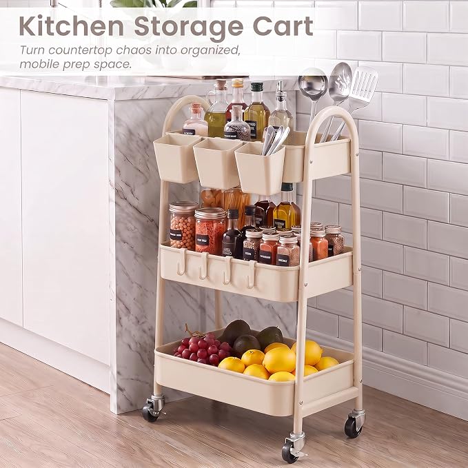 danpinera 3-Tier Rolling Cart, Utility Cart Mobile Metal Rolling Storage Cart with Lockable Wheels & Hanging Cups & Hooks for Kitchen, Bathroom, Office, Workshop, Beige - Image 5