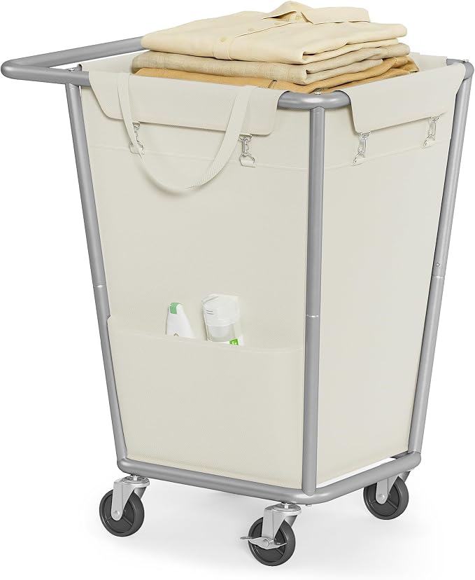 SONGMICS Laundry Basket with Wheels, 34.3 Gallons (130 L) Rolling Laundry Hamper with Removable Bag, Heavy-Duty Steel Frame, Cream White URLS008W01 by Unknown