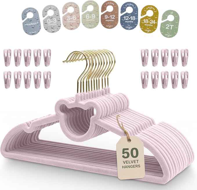 Velvet Baby Hangers with Clips & Size Dividers, 50 Pack | Organize baby clothes from newborn to 2T with 8 size dividers and 20 clips for outfits, pants, and growing wardrobes by Unknown