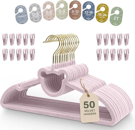 Velvet Baby Hangers with Clips & Size Dividers, 50 Pack | Organize baby clothes from newborn to 2T with 8 size dividers and 20 clips for outfits, pants, and growing wardrobes by Unknown