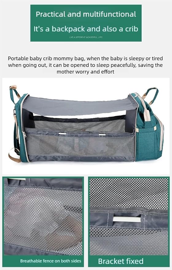 New foldable bed diaper backpack, waterproof and wear-resistant, large capacity, for travel, outings and daily use (black) - Image 2