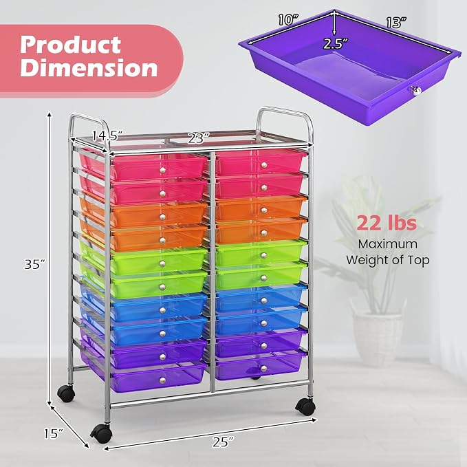 RELAX4LIFE 20 Drawer Rolling Storage Cart, Mobile Rolling Cart w/Drawers for School Classroom Teacher Office Home Salon, Paper File Art Supply Craft Organizer, Utility Cart on Wheels (Rainbow) - Image 3