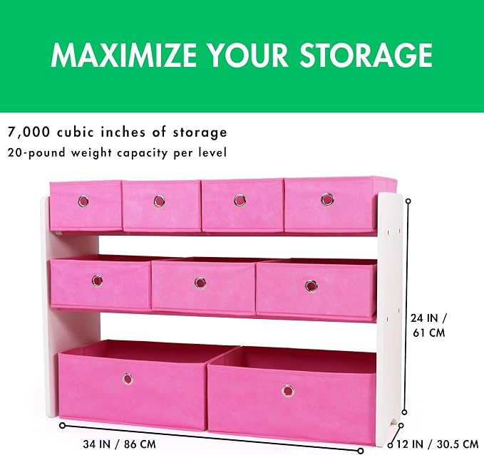 Humble Crew Kids Toy Organizer with 9 Fabric Bins, 3 Tier Storage Shelf | Sturdy wood and steel toddler frame, collapsible containers, wall anchor anti-tip safety kit for playroom, bedroom, classroom - Image 2