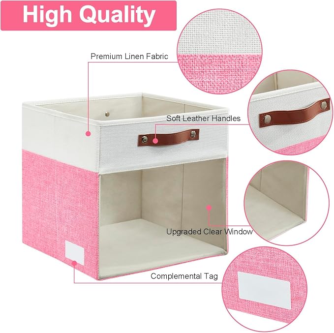 Storage Cubes, 4 Pack Linen Foldable Storage Bins with Clear Window and 2 Handles, 13x15x13 Storage Cube Bins for Shelf Closet, Kallax, Clothes, Books - (Pink / Off-White) - Image 4