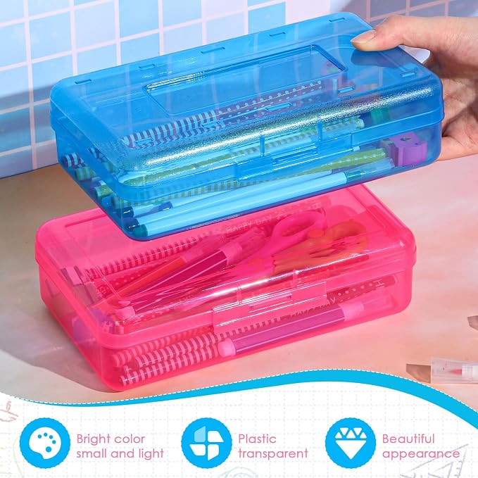 Patelai 30 Pcs Large Capacity Pencil Case Bulk Clear Hard Plastic Pencil Box Organizer with Snap Tight Lid Stackable Crayon Storage Box for Kids School Classroom Home Office 2 Style (Pink Yellow Blue) - Image 3