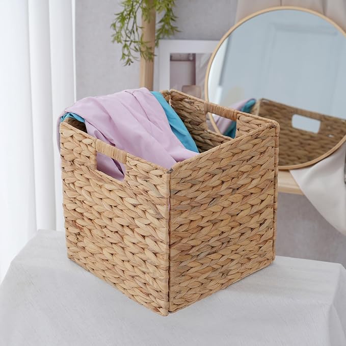 Wicker Storage Baskets, Foldable Cube Bins, 11.2 Inch, 4-Pack | 4-pack foldable 11.2" water hyacinth wicker cube baskets; collapsible storage bins for shelves, closets, offices and home. - Image 5