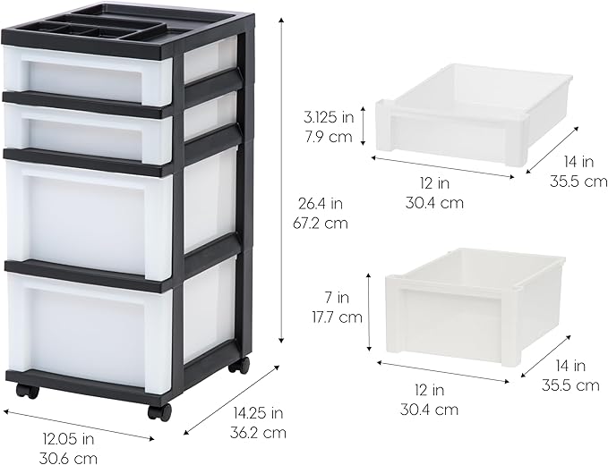 IRIS USA 4-Drawer Rolling Storage Cart with Organizer Top, Black/Pearl | Keep classroom supplies, teacher essentials, craft materials, and learning tools organized with easy-access drawers. - Image 2