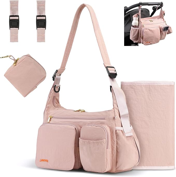 Puffy Crossbody Diaper Bag, 2-in-1 Stroller Caddy & Mom Purse, 13L Lightweight Travel Duffle Bag for Baby, Work Commute, Gym, Labor Delivery (Apricot pink) by LighttoGoFreetoRoam
