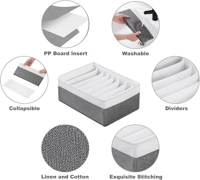 4 Packs T-shirt Drawer Organizers for Clothing,8 Grids Compartment Wardrobe Storage Box, Washable Clothes Organizer for Legging,Silk Scarve-12.59''x9.05''x5.9-GreyWhite - Image 4
