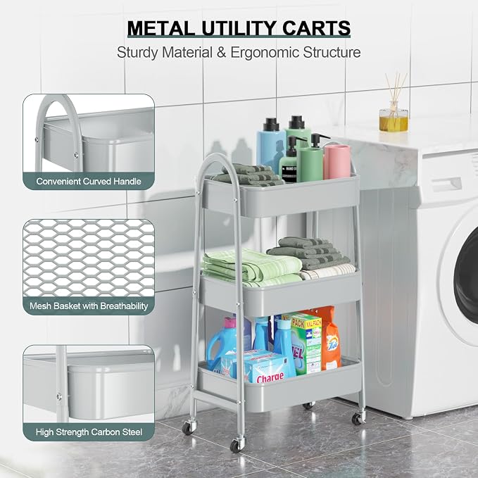 3 Tier Utility Rolling Cart, Metal Storage Cart with Handle and Lockable Wheels, Multifunctional Storage Organizer Trolley with Mesh Baskets for Kitchen, Living Room, Office, Garage (Grey) - Image 2