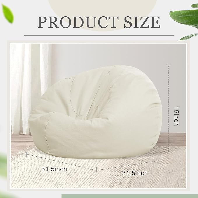 Sliner 2 Pcs Stuffed Storage Bean Bag Chair Cover for Kids Adults (No Filler) Stuffable Zipper Beanbag Cover for Organizing Plush Toys or Foam(31.5 * 31.5 * 15inch,Cotton,Beige) - Image 2