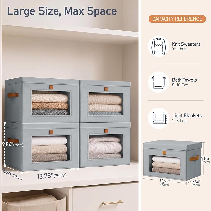 DIMJ Storage Bins with Lids - 6 Pack Front Opening Stackable Fabric Storage Boxes with Clear Window & Handles, Collapsible Closet Organizers for Clothes, Sweaters, Shelf Storage, Bedroom, Gray - Image 6