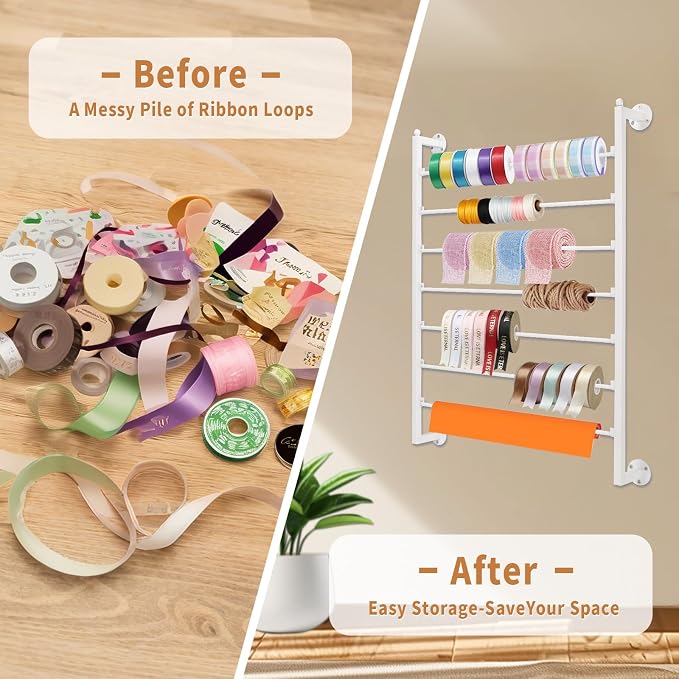 Xbsyhx 7-Tier Wall Mount Ribbon Rack for Craft Room, White | ribbon organizer holds wrapping paper, scarves, towels. Metal rack with hooks for craft room, flower store, closet - Image 4