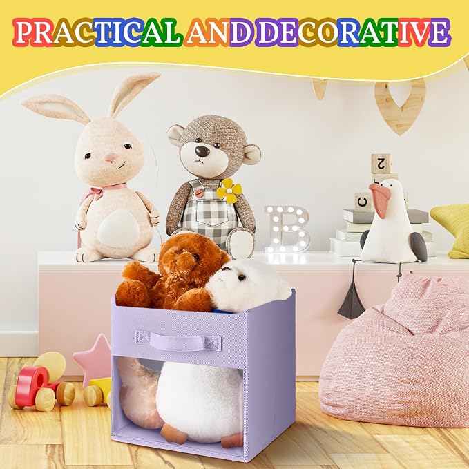 Marsui 12 Pcs Clear Cube Storage Bins Pink Collapsible Kids Storage Bins Fabric Classroom Organizer with Window for Kid Playroom Room Daycare Nursery(Pastel) - Image 6