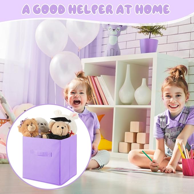 Yinder 12 Pcs Cube Storage Bin Purple 10.5''x10.5''x11'' Storage Bins for Playroom Decor Colorful Bins for Kids Foldable Baskets for Nursery Organizer Boxes Fabric Boxes - Image 3