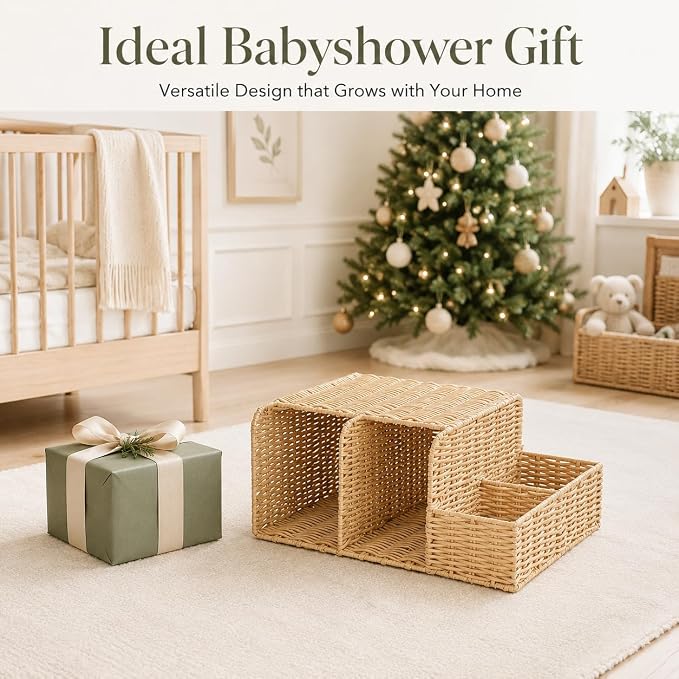 Rattan Diaper Caddy Organizer for Changing Table | Hand Woven Nursery Storage Basket for Baby Essentials, Baby Changing Table Organizer Perfect Nursery Assistant - Image 7