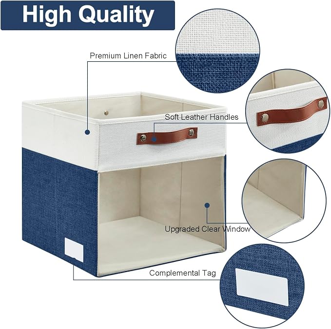 Storage Cubes, 4 Pack Linen Foldable Storage Bins with Clear Window and 2 Handles, 13x15x13 Storage Cube Bins for Shelf Closet, Kallax, Clothes, Books - (Navy Blue / Off-White) - Image 4