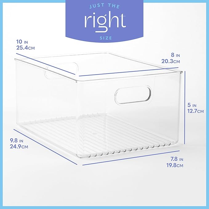 Plastic Food Storage 4 Pack Clear Container Bin with Handles for Organizing Kitchen, Pantry, Refrigerator, Freezer, Pantry, Cabinet, Closet, Bathroom 10”x8”x5” - Image 3