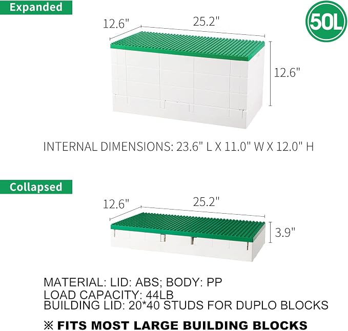 53 Qt. Folding Storage Box with Large Building Lid for Lego Duplo Blocks, 13 Gallon Collapsible Organizer for Lego Bricks (Dark Green) - Image 3