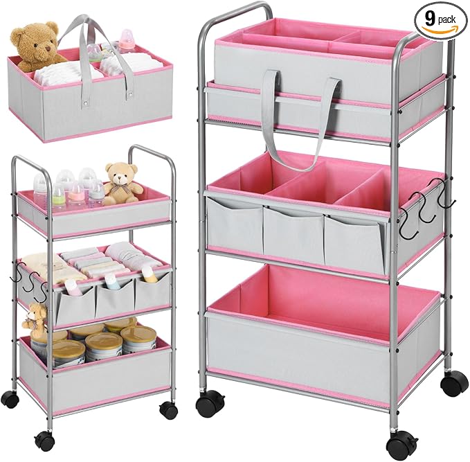 FoldTier 2in1 Baby Diaper Caddy Organizer Cart 3 Tier Large Capacity Metal Utility Bedside Rolling Cart with Divider Newborn Registry Nursery Essential Must Have Bedroom Gift Baby Shower(Pink) by FoldTier