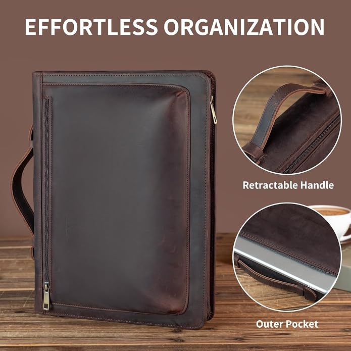 YIWEN Leather Portfolio with Handle, Zippered Front Pocket and Clip - Image 3