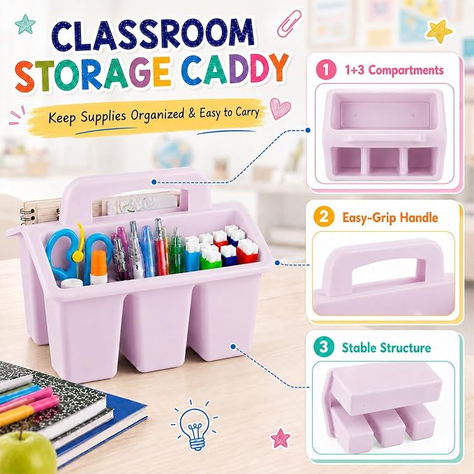 8 Pack Classroom Caddy Storage Basket with Handle 4 Compartment Storage Caddy Plastic Arts Crafts Caddies Protable Classroom Craft Caddies for Kids Schools Art Craft Supplies(Pastel) - Image 3