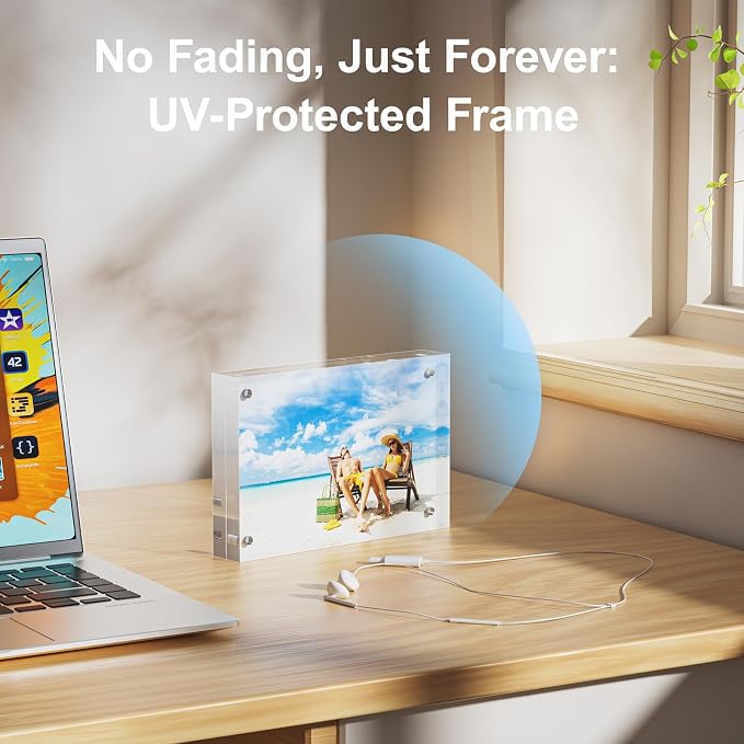 5 Pack 5x5 Acrylic Picture Frames - 20% Thicker Double Sided Magnetic Frame with UV Protection - Freestanding Clear Frameless Display for Tabletops - Modern Photo Frame Set for Home & Office Decor - Image 5