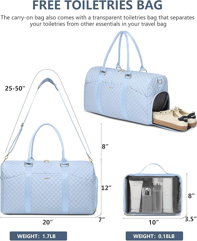 Women Weekender Travel Duffle Bag: Travel Duffel Overnight Bags with Shoe Compartment Large Carry on Tote with Toiletry Bag Weekend Traveling Yoga Gym Hospital Bag for Women with Wet Pocket Light Blue - Image 5