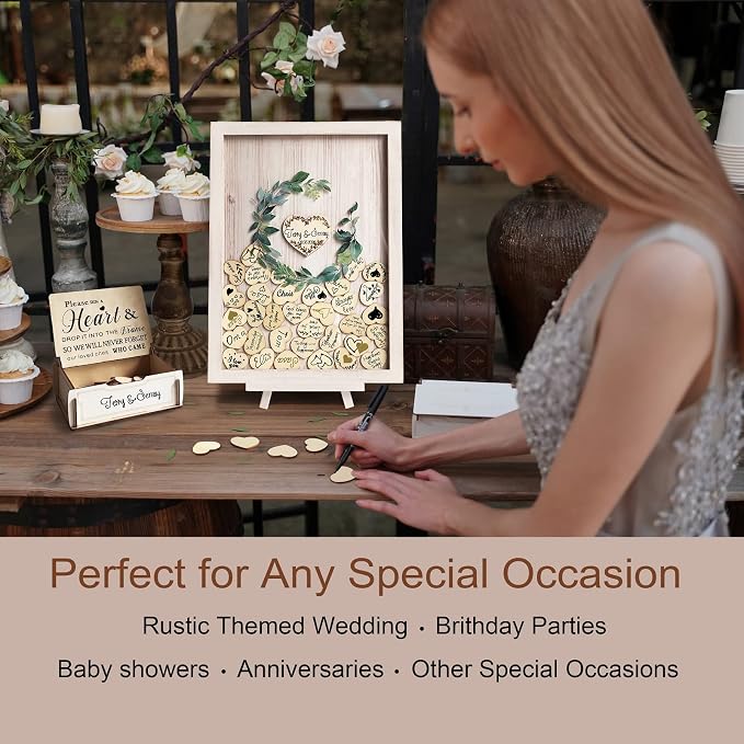 Y&K Homish Wedding Guest Book Alternative, Rustic Wedding Decorations for Reception, Favors for Guests 80 Hearts Green Wreath (Antique White) - Image 6
