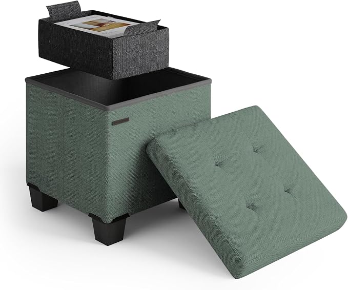 Storage Ottoman Cube with Small Bin, 15-in Square Ottoman with Storage for Living Room and Bedroom, Small Ottomans Foot Rest, Fabric Foot Stools Ottomans Max 330lbs, Green by STORAGEBUD