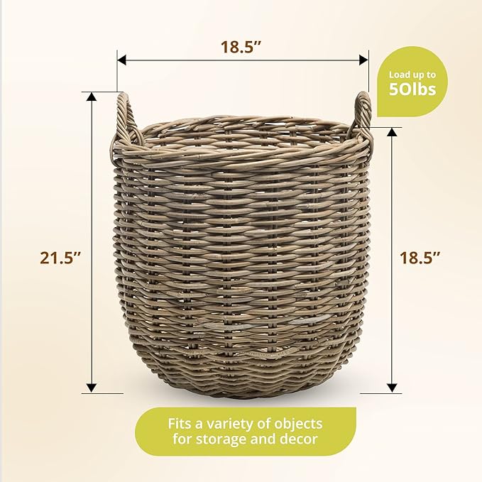 KOUBOO Rattan Kobo Round Storage Basket with Handles, Gray Brown, Large | Handwoven natural texture, sturdy shape-retaining design, convenient carry handles, versatile indoor organization - Image 3