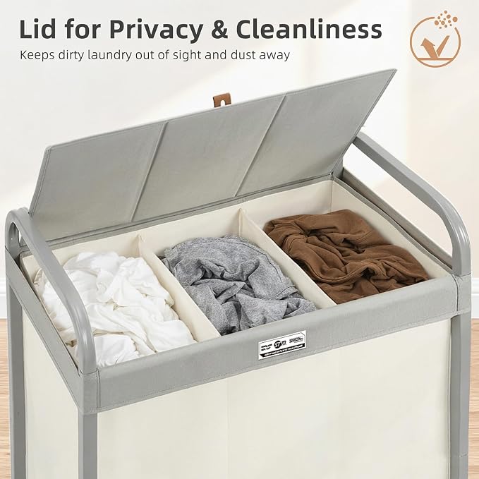 STORAGE MANIAC Laundry Hamper 3 Section with Lid Rolling Laundry Basket | 230L Laundry Sorter Cart 3 Compartment Clothes Hamper on Wheels Metal Handle Oxford Removable Bag Laundry Room Bedroom Beige - Image 5